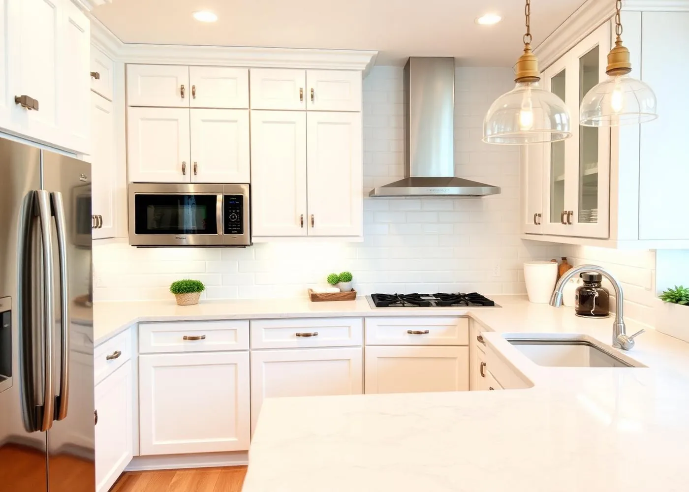 Bright kitchen remodel with white shaker cabinets and quartz counters